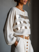 Women's Retro Casual Cotton Linen Sequin Striped Patchwork Crew Neck Pullover Shirt ZMZ0735H1ZJY