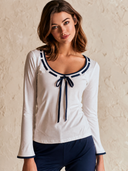 Women's Retro Casual Color Block Cotton Bow Round Neck Long Sleeve T-shirt ZMZ0752H3ZJY