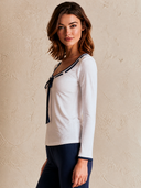 Women's Retro Casual Color Block Cotton Bow Round Neck Long Sleeve T-shirt ZMZ0752H3ZJY
