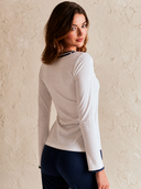 Women's Retro Casual Color Block Cotton Bow Round Neck Long Sleeve T-shirt ZMZ0752H3ZJY
