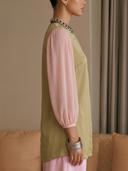 Women Color‑Block Spliced Blouse, Round Neck Hidden Button Lantern 3/4 Sleeve Chiffon Satin Casual Top ZMZ0627H0YZH