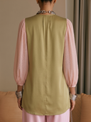 Women Color‑Block Spliced Blouse, Round Neck Hidden Button Lantern 3/4 Sleeve Chiffon Satin Casual Top ZMZ0627H0YZH