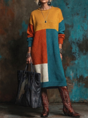 Women's Retro-American Style Casual Color-Block Crew-Neck Long-Sleeve Loose Midi Knit Dress ZMZ0714H5ZYY