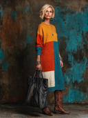 Women's Retro-American Style Casual Color-Block Crew-Neck Long-Sleeve Loose Midi Knit Dress ZMZ0714H5ZYY
