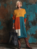 Women's Retro-American Style Casual Color-Block Crew-Neck Long-Sleeve Loose Midi Knit Dress ZMZ0714H5ZYY