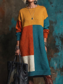 Women's Retro-American Style Casual Color-Block Crew-Neck Long-Sleeve Loose Midi Knit Dress ZMZ0714H5ZYY