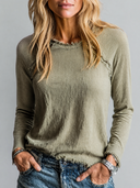 Women's Retro Casual Cotton Frayed Edge Round Neck Long Sleeve T-shirt ZMZ0772H2ZJY
