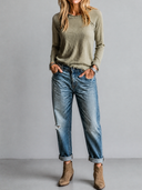 Women's Retro Casual Cotton Frayed Edge Round Neck Long Sleeve T-shirt ZMZ0772H2ZJY