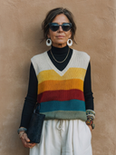 Women's Retro-American Style Casual Multi-Color Color-Blocking V-Neck Vest ZMZ0637H3ZYY