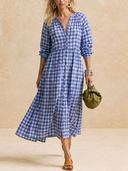 Women Gingham Check Midi Dress, V‑Neck Button Front Long Sleeve High Waist Flowy A‑Line Vacation Dress ZMZ0789H7YZH