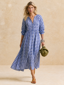 Women Gingham Check Midi Dress, V‑Neck Button Front Long Sleeve High Waist Flowy A‑Line Vacation Dress ZMZ0789H7YZH