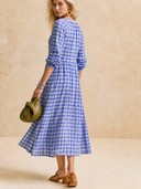 Women Gingham Check Midi Dress, V‑Neck Button Front Long Sleeve High Waist Flowy A‑Line Vacation Dress ZMZ0789H7YZH