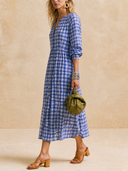 Women Gingham Check Midi Dress, V‑Neck Button Front Long Sleeve High Waist Flowy A‑Line Vacation Dress ZMZ0789H7YZH