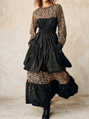 Women's Vintage Casual Leopard Print Cotton-Panelled Crew Neck Long-Sleeve Ruffled Maxi Dress ZMZ0792H5ZJY