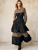 Women's Vintage Casual Leopard Print Cotton-Panelled Crew Neck Long-Sleeve Ruffled Maxi Dress ZMZ0792H5ZJY