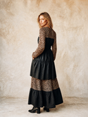 Women's Vintage Casual Leopard Print Cotton-Panelled Crew Neck Long-Sleeve Ruffled Maxi Dress ZMZ0792H5ZJY
