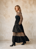 Women's Vintage Casual Leopard Print Cotton-Panelled Crew Neck Long-Sleeve Ruffled Maxi Dress ZMZ0792H5ZJY