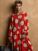 Women's Retro-American Style Casual Polka Dots And Crew Neck Loose-Fit Long-Sleeve Knit Maxi Dress ZMZ0675H6ZYY