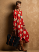 Women's Retro-American Style Casual Polka Dots And Crew Neck Loose-Fit Long-Sleeve Knit Maxi Dress ZMZ0675H6ZYY