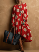 Women's Retro-American Style Casual Polka Dots And Crew Neck Loose-Fit Long-Sleeve Knit Maxi Dress ZMZ0675H6ZYY