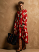 Women's Retro-American Style Casual Polka Dots And Crew Neck Loose-Fit Long-Sleeve Knit Maxi Dress ZMZ0675H6ZYY