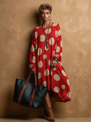 Women's Retro-American Style Casual Polka Dots And Crew Neck Loose-Fit Long-Sleeve Knit Maxi Dress ZMZ0675H6ZYY