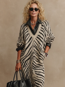Women's Retro-American Casual Zebra-Print V-Neck Long-Sleeve Knit Midi Dress ZMZ0792H6ZYY
