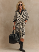 Women's Retro-American Casual Zebra-Print V-Neck Long-Sleeve Knit Midi Dress ZMZ0792H6ZYY