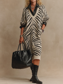 Women's Retro-American Casual Zebra-Print V-Neck Long-Sleeve Knit Midi Dress ZMZ0792H6ZYY