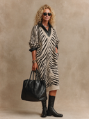 Women's Retro-American Casual Zebra-Print V-Neck Long-Sleeve Knit Midi Dress ZMZ0792H6ZYY