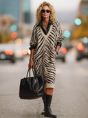 Women's Retro-American Casual Zebra-Print V-Neck Long-Sleeve Knit Midi Dress ZMZ0792H6ZYY