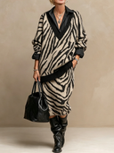 Women's Retro-American Casual Zebra-Print V-Neck Sweater And Elastic-Waist Knit Skirt Set ZMZ0725H5ZYY