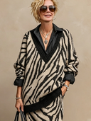 Women's Retro-American Casual Zebra-Print V-Neck Sweater And Elastic-Waist Knit Skirt Set ZMZ0725H5ZYY
