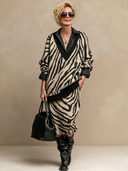 Women's Retro-American Casual Zebra-Print V-Neck Sweater And Elastic-Waist Knit Skirt Set ZMZ0725H5ZYY