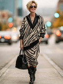 Women's Retro-American Casual Zebra-Print V-Neck Sweater And Elastic-Waist Knit Skirt Set ZMZ0725H5ZYY