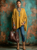 Women's Retro-American Style Casual V-Neck Long-Sleeve Loose Sweater ZMZ0727H7ZYY