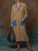 Women's Vintage-Style Casual Lapel Collar And Multiple Pockets Long-Sleeve Knit Maxi Dress ZMZ0780H0ZYY