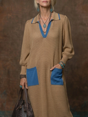 Women's Vintage-Style Casual Lapel Collar And Multiple Pockets Long-Sleeve Knit Maxi Dress ZMZ0780H0ZYY