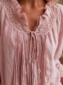Women Boho Lace Blouse, Ruffled V‑Neck Tassel Tie Long Puff Sleeve Loose Casual Peasant Top ZMZ0781H9YZH