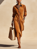Women's Classic Caramel Faux Suede Long-Sleeve Midi Dress With Back Slit ZMZ1037H9SWL