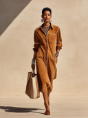 Women's Classic Caramel Faux Suede Long-Sleeve Midi Dress With Back Slit ZMZ1037H9SWL