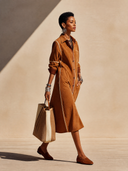 Women's Classic Caramel Faux Suede Long-Sleeve Midi Dress With Back Slit ZMZ1037H9SWL