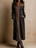 Women's Retro Casual Western Style Cotton Patchwork PU Zipper Maxi Dress ZMZ1039H7ZJY