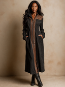 Women's Retro Casual Western Style Cotton Patchwork PU Zipper Maxi Dress ZMZ1039H7ZJY