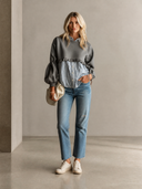 Women's Retro Casual Cotton Striped Crew Neck Faux Two-Piece Long-Sleeved Sweatshirt ZMZ1046H4ZJY