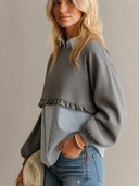 Women's Retro Casual Cotton Striped Crew Neck Faux Two-Piece Long-Sleeved Sweatshirt ZMZ1046H4ZJY