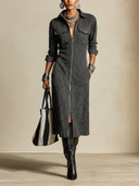 Women's Classic Grey Textured Zipper Long-Sleeve Midi Dress ZMZ1006H3SWL