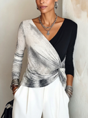 Women's Stylish Color-Block High-Stretch V-Neck Slim-Fit Long-Sleeve Top ZMZ1011H4SWL