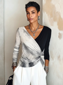 Women's Stylish Color-Block High-Stretch V-Neck Slim-Fit Long-Sleeve Top ZMZ1011H4SWL