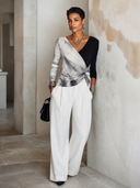 Women's Stylish Color-Block High-Stretch V-Neck Slim-Fit Long-Sleeve Top ZMZ1011H4SWL
